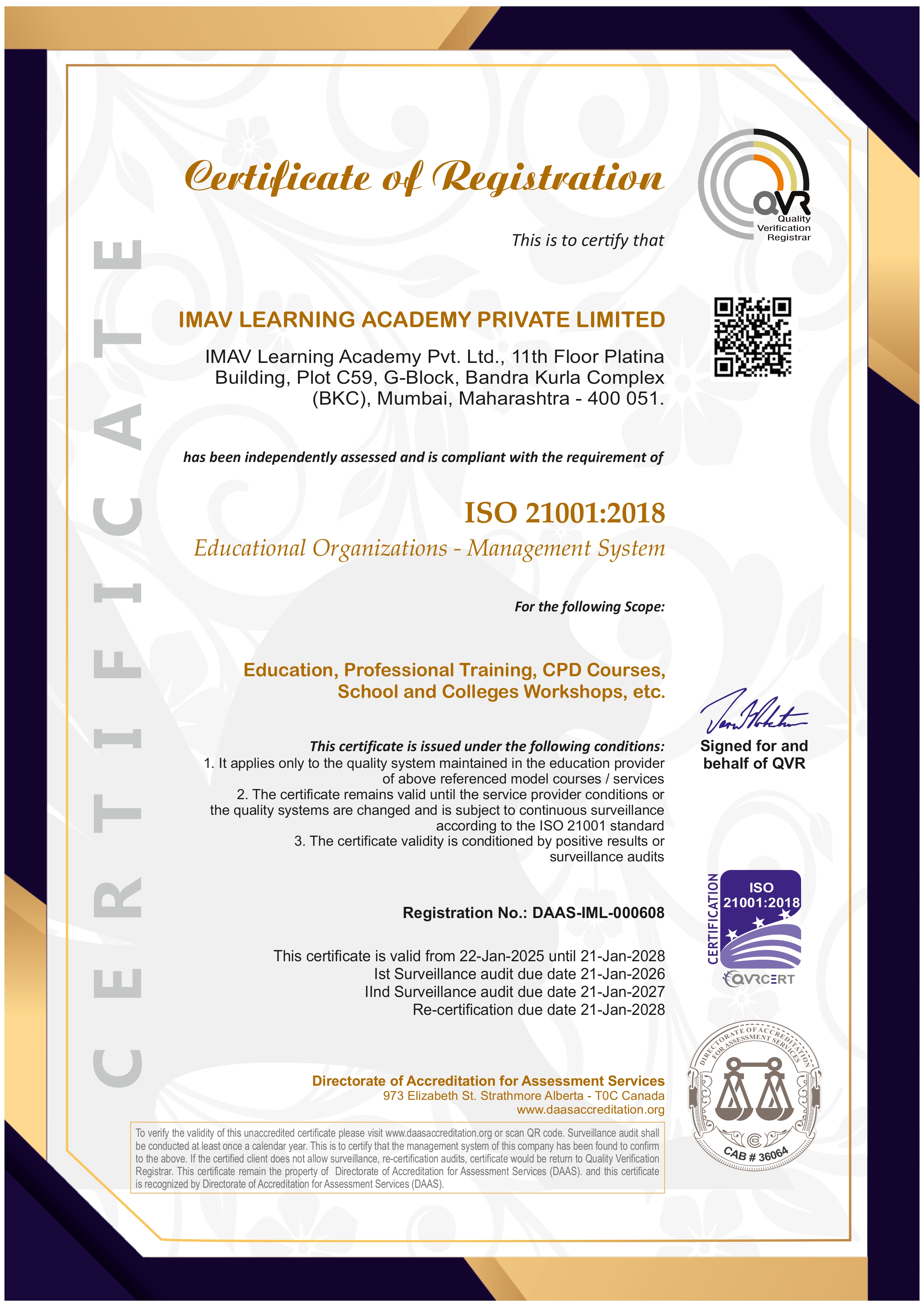 ISO 21001:2018 certificate
